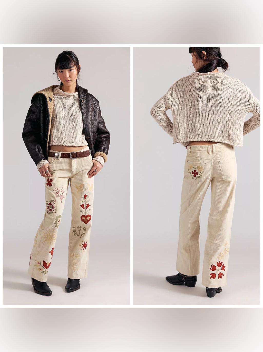 Free People Tennessee Low Rise Boyfriend Corduroy Embroidered Size 25 Ivory